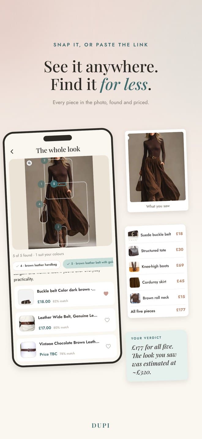 A phone showing the whole-look screen: five numbered pips over an outfit, each piece found and priced, with a verdict card reading £177 for all five against an estimated £320.