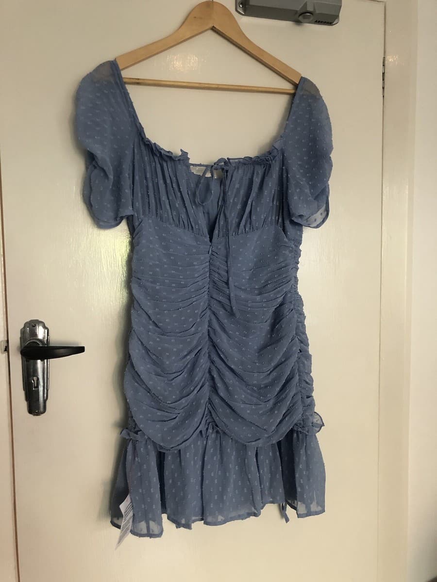 ASOS Design 12, Blue Chiffon , Ruched, Off The Shoulder Dress. BNWT | eBay UK