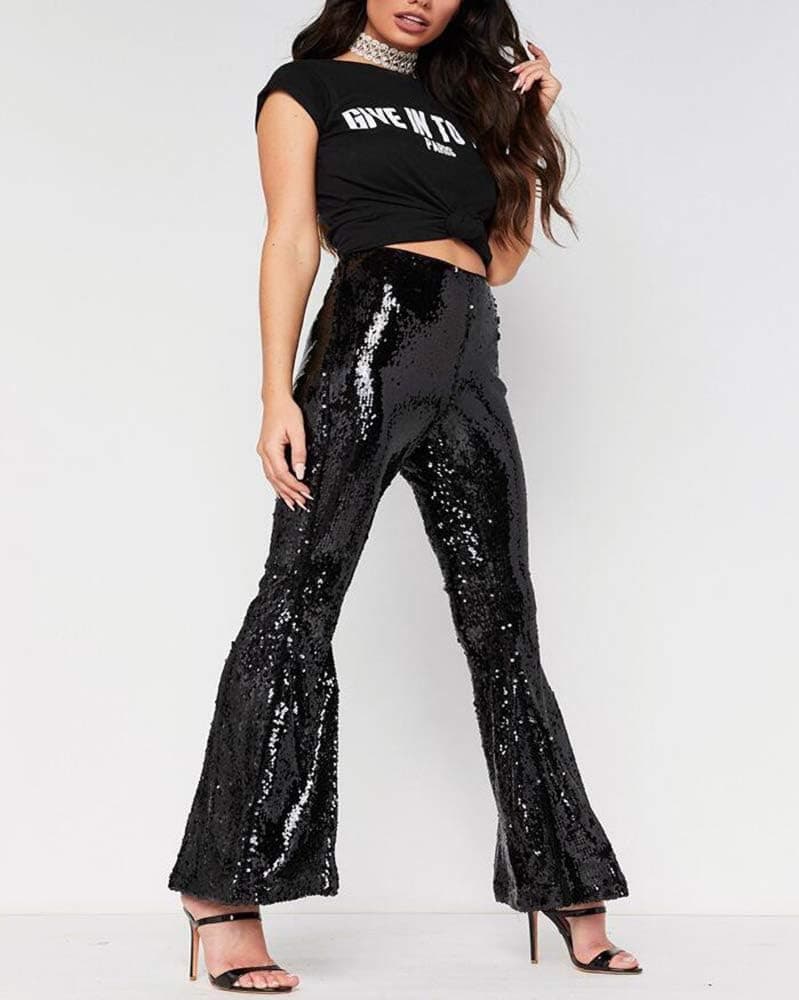 babao Women's Sequins Flare Pants Glitter Sequin Stretch Trousers : Amazon.co.uk: Fashion