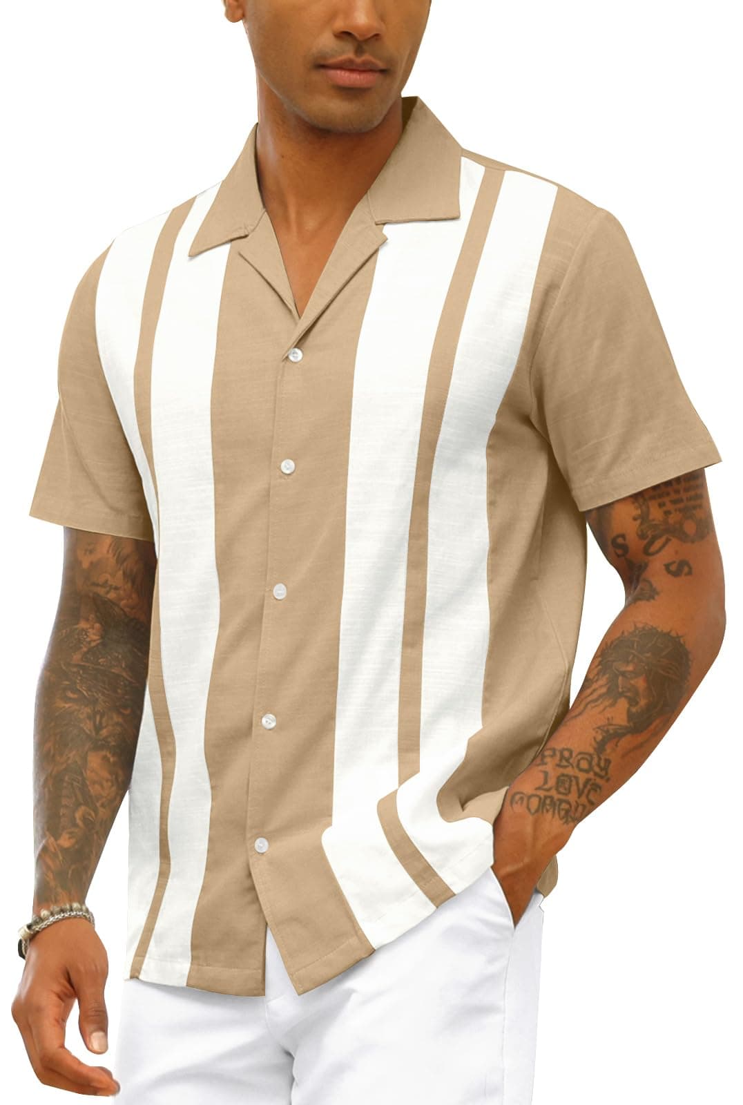 CTU Mens Vintage Bowling Shirt Cotton Linen Beach Shirts Short Sleeve Striped Button Down Summer Tops Hawaiian Shirts Beige M : Amazon.co.uk: Fashion