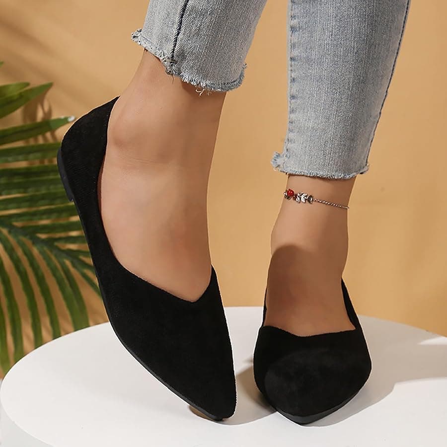 Women's Pointed Toe Ballet Flats Soft Faux Suede Casual Slip On Shoes Elegant Lightweight Loafers for Daily Comfort Black