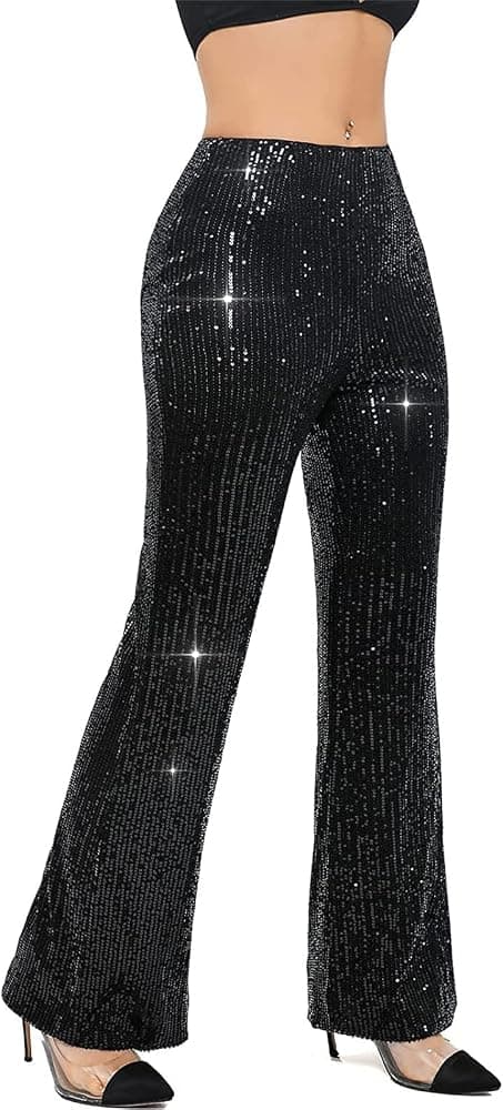 Women Sequin Flare Long Pants Glitter Wide Leg Bell Bottom Trousers Y2k Sparkly Disco Party Wear (Black, S) : Amazon.co.uk: Fashion