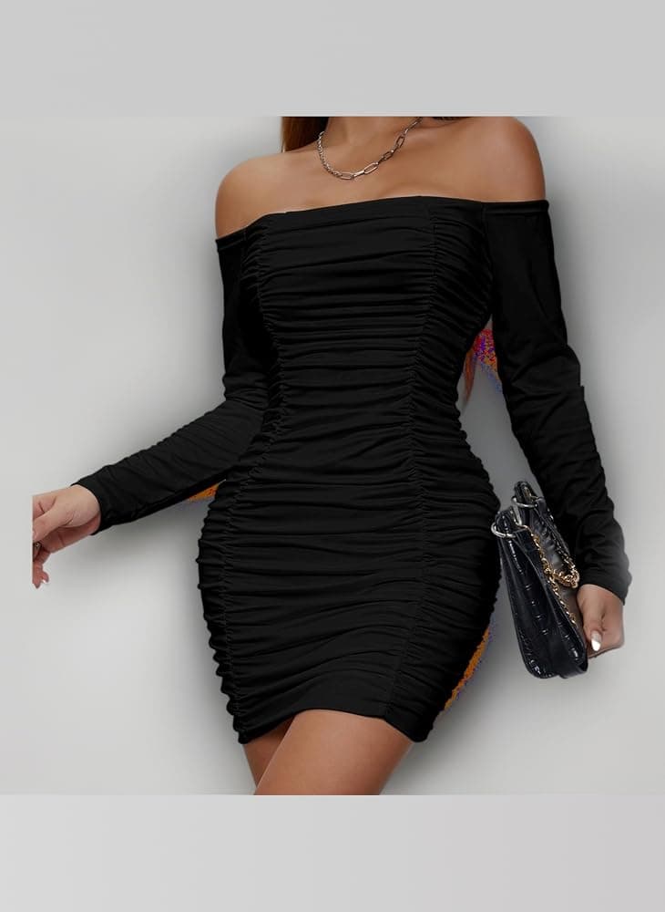 Belriviere Women Mini Dress Off The Shoulder Short Dresses XS Black | Bodycon Fit, Ruched, Long Sleeve, For Party, Night Out, Date, Casual & Clubwear : Amazon.co.uk: Fashion