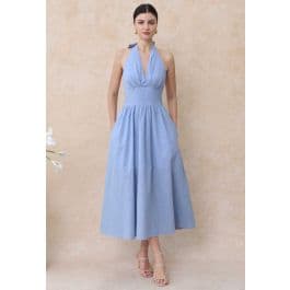 Vintage-Inspired Self-Tie Halter Neck Cotton Dress in Blue - Boho Chic, Indie & Romantic Fashion Boutique
