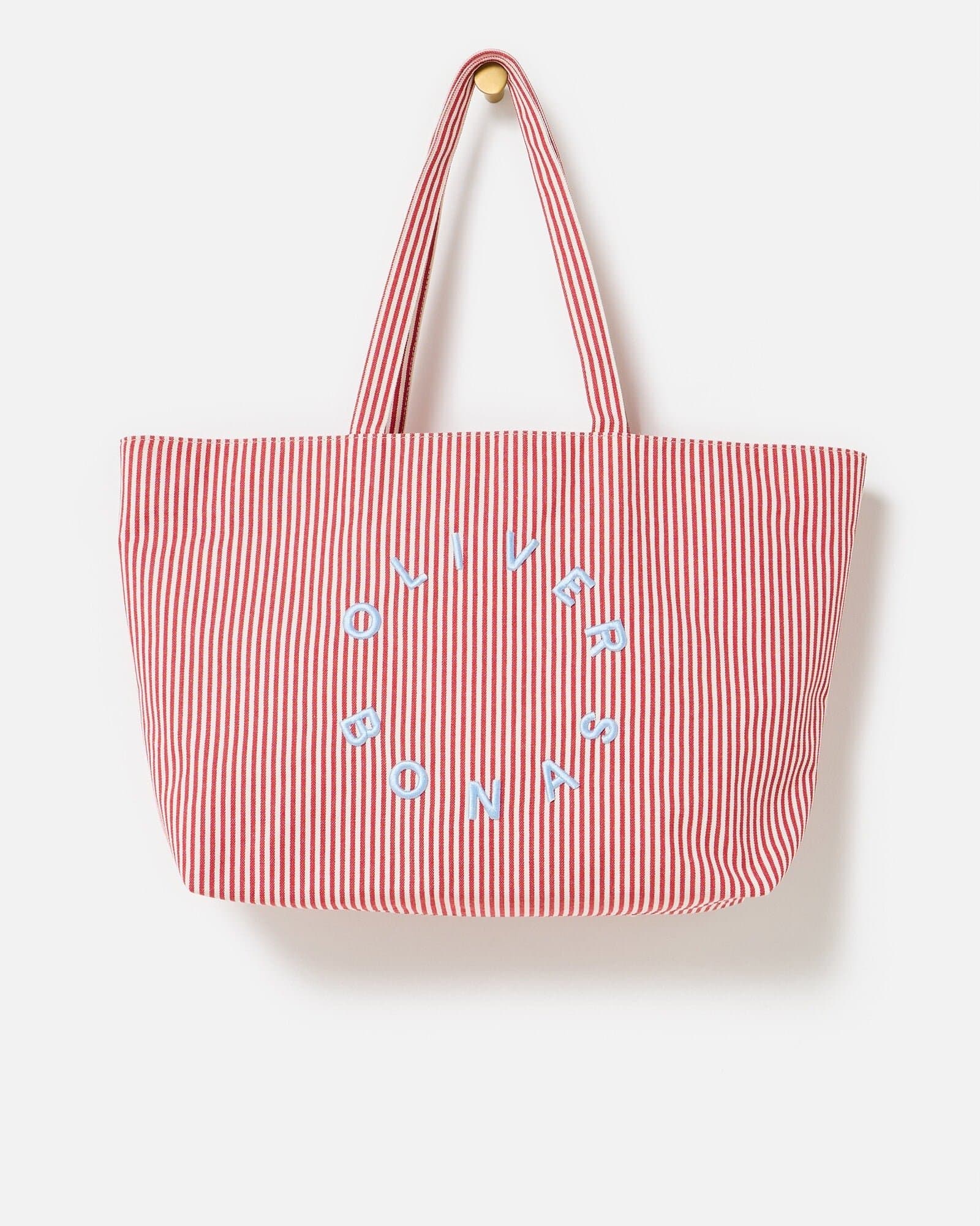 Red & White Striped Logo Fabric Tote Shopper Bag | Oliver Bonas
